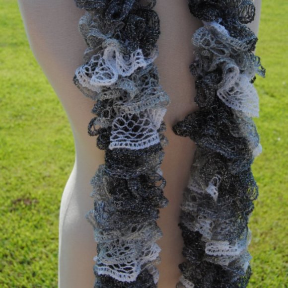 Crochet Black, White, and Gray Sparkle Ruffle Scarf/New - Picture 2 of 3